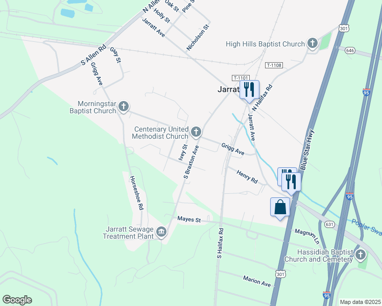 map of restaurants, bars, coffee shops, grocery stores, and more near 309 South Braxton Avenue in Jarratt