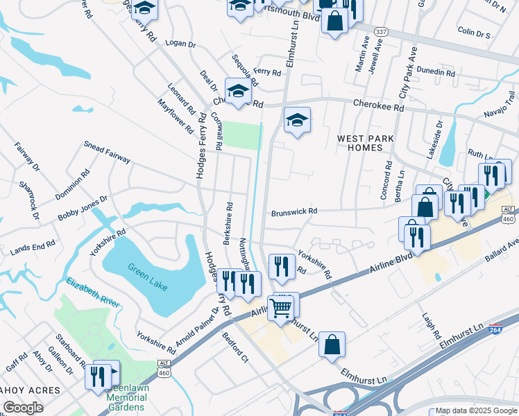 map of restaurants, bars, coffee shops, grocery stores, and more near 1618 Elmhurst Lane in Portsmouth