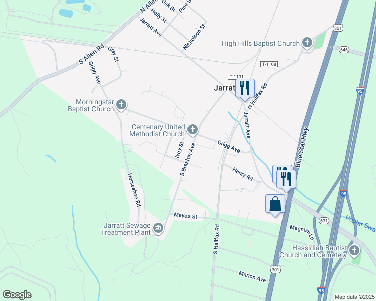 map of restaurants, bars, coffee shops, grocery stores, and more near 309 South Braxton Avenue in Jarratt