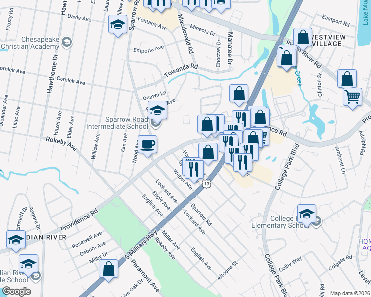 map of restaurants, bars, coffee shops, grocery stores, and more near 931 Providence Road in Chesapeake