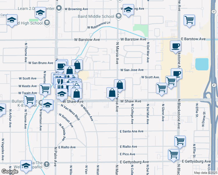 map of restaurants, bars, coffee shops, grocery stores, and more near 453 West Keats Avenue in Fresno