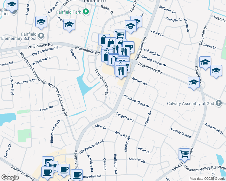 map of restaurants, bars, coffee shops, grocery stores, and more near 5524 Glenville Circle in Virginia Beach