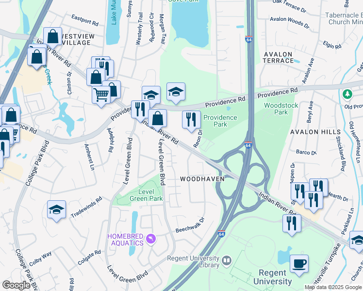 map of restaurants, bars, coffee shops, grocery stores, and more near 6027 Indian River Road in Virginia Beach