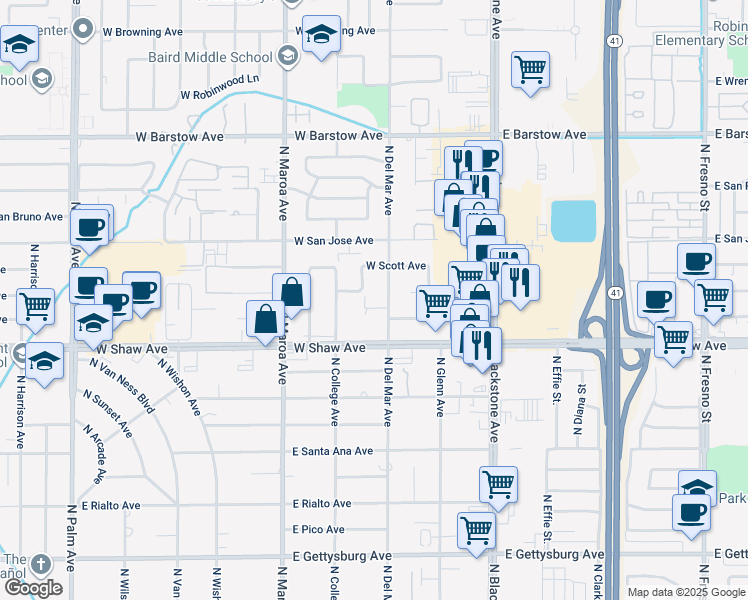 map of restaurants, bars, coffee shops, grocery stores, and more near 5085 North Del Mar Avenue in Fresno