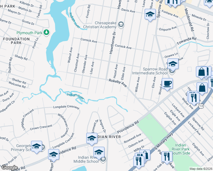map of restaurants, bars, coffee shops, grocery stores, and more near 1608 Hawthorne Drive in Chesapeake