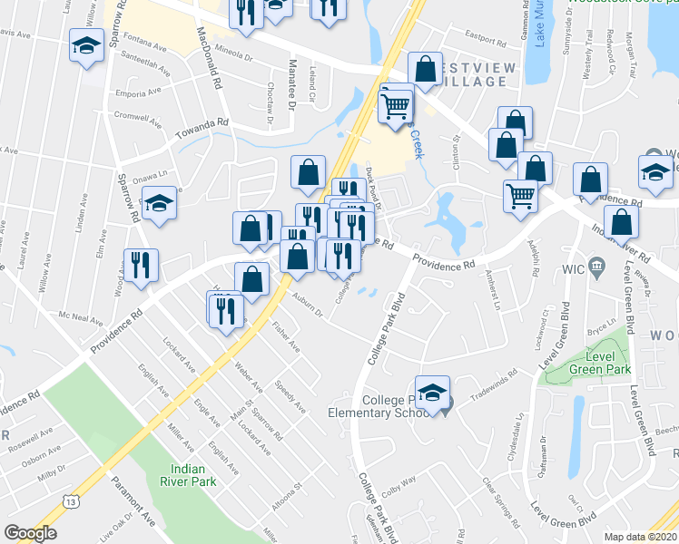 map of restaurants, bars, coffee shops, grocery stores, and more near 6527 College Park Square in Virginia Beach