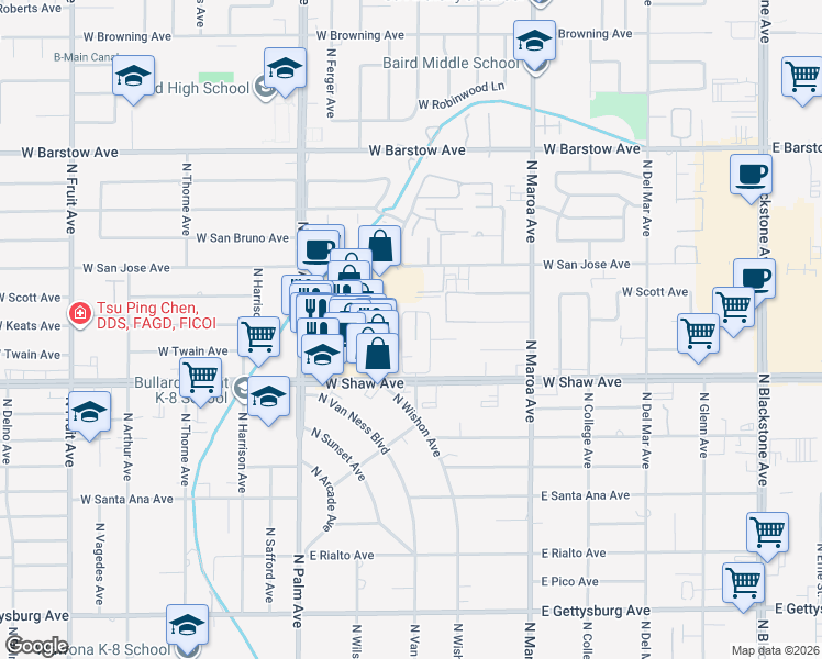 map of restaurants, bars, coffee shops, grocery stores, and more near 5090 North Roosevelt Avenue in Fresno
