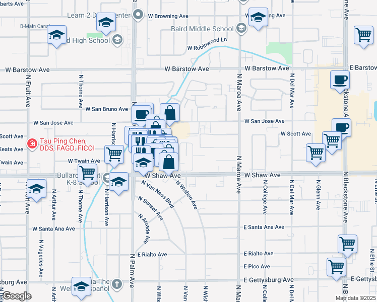 map of restaurants, bars, coffee shops, grocery stores, and more near 5085 North Wishon Avenue in Fresno