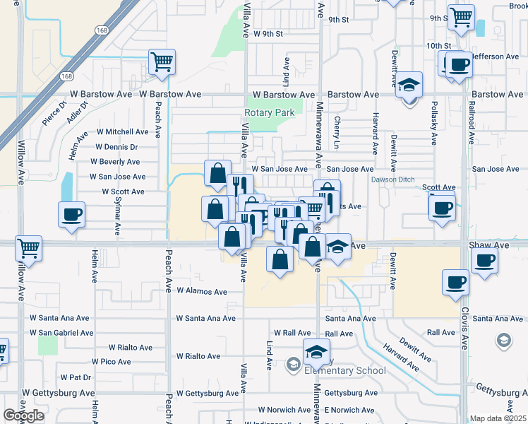 map of restaurants, bars, coffee shops, grocery stores, and more near 147 Shaw Ave in Clovis