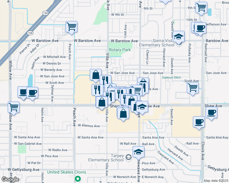 map of restaurants, bars, coffee shops, grocery stores, and more near 147 Shaw Ave in Clovis