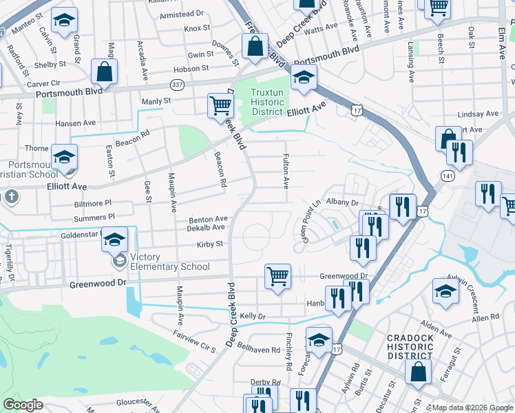 map of restaurants, bars, coffee shops, grocery stores, and more near 104 Wright Avenue in Portsmouth