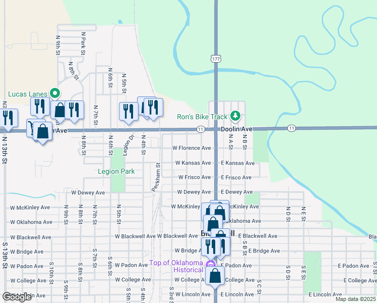 map of restaurants, bars, coffee shops, grocery stores, and more near 223 West Florence Avenue in Blackwell