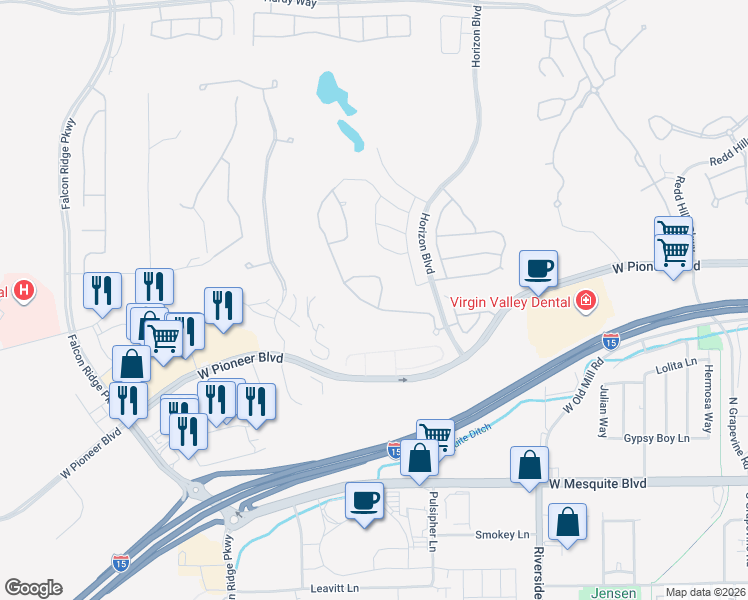 map of restaurants, bars, coffee shops, grocery stores, and more near 955 Crest View Drive in Mesquite