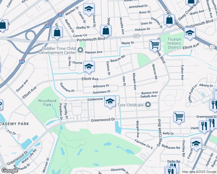 map of restaurants, bars, coffee shops, grocery stores, and more near 406 Biltmore Place in Portsmouth