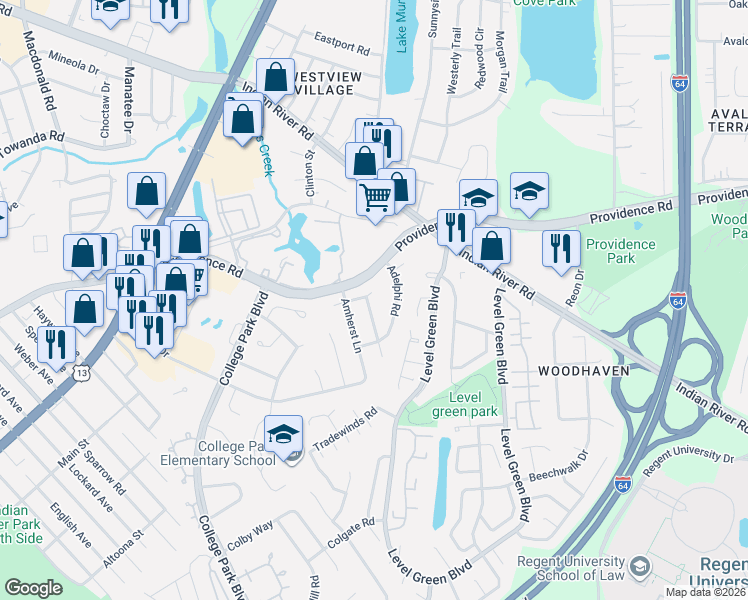 map of restaurants, bars, coffee shops, grocery stores, and more near 925 Adelphi Road in Virginia Beach