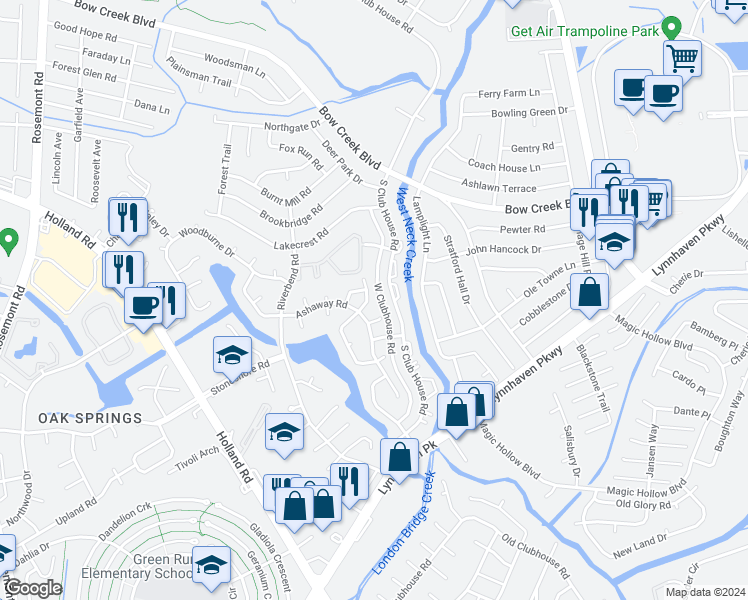 map of restaurants, bars, coffee shops, grocery stores, and more near 936 Spring Garden Lane in Virginia Beach