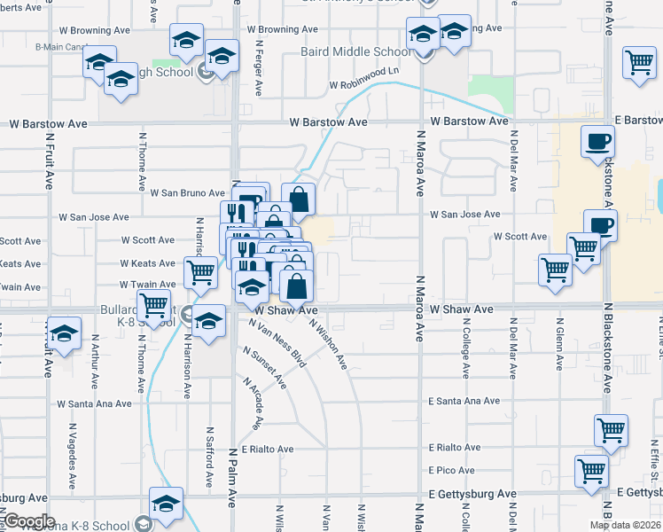 map of restaurants, bars, coffee shops, grocery stores, and more near 5085 North Wishon Avenue in Fresno