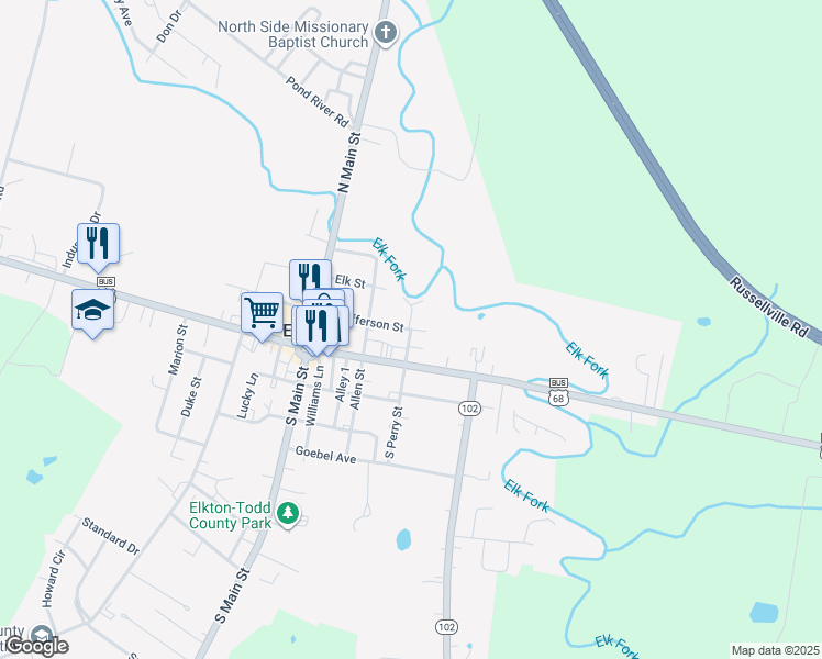 map of restaurants, bars, coffee shops, grocery stores, and more near East Jefferson Street in Elkton