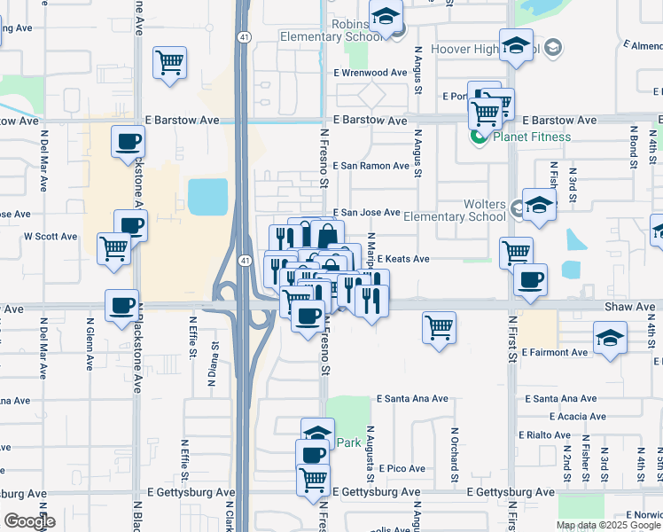 map of restaurants, bars, coffee shops, grocery stores, and more near 5088 N Fresno St in Fresno