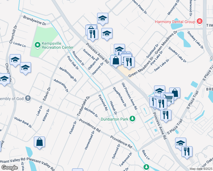 map of restaurants, bars, coffee shops, grocery stores, and more near 825 Timberlake Drive in Virginia Beach