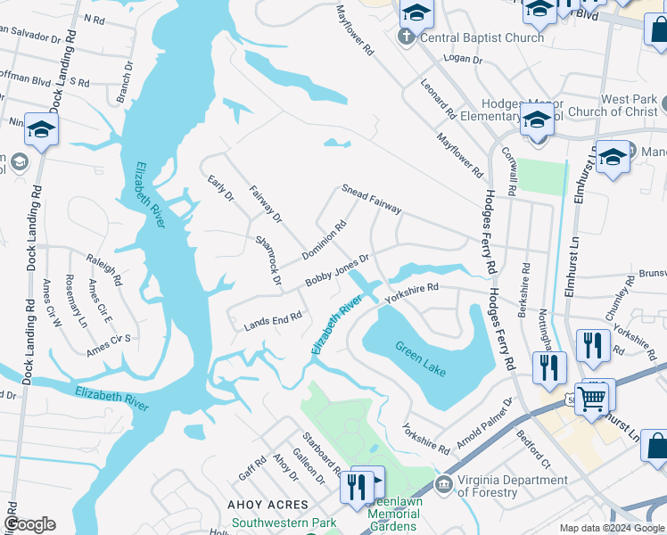 map of restaurants, bars, coffee shops, grocery stores, and more near 206 Bobby Jones Drive in Portsmouth