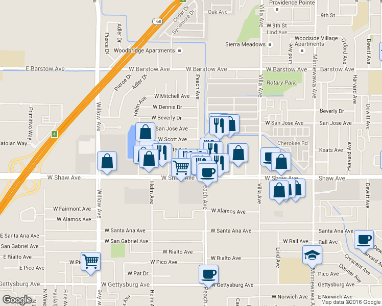 map of restaurants, bars, coffee shops, grocery stores, and more near 456 West Keats Avenue in Clovis