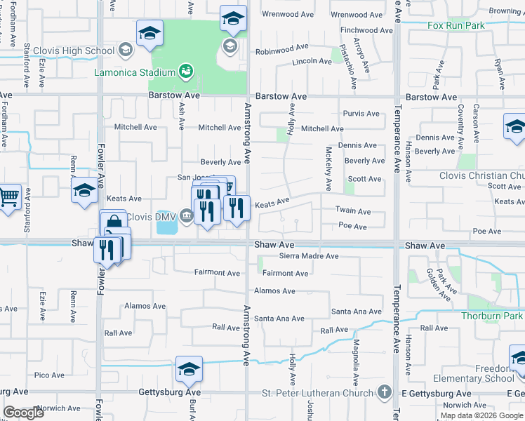 map of restaurants, bars, coffee shops, grocery stores, and more near 2241 Dawson Cove Lane in Clovis