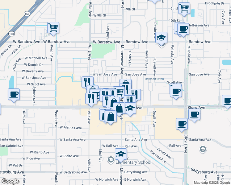map of restaurants, bars, coffee shops, grocery stores, and more near 1724 Minnewawa Avenue in Clovis