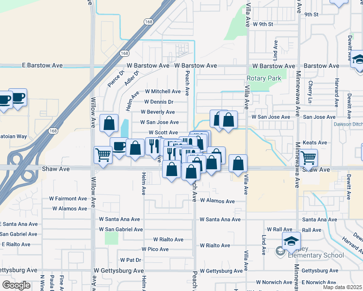 map of restaurants, bars, coffee shops, grocery stores, and more near 456 West Keats Avenue in Clovis