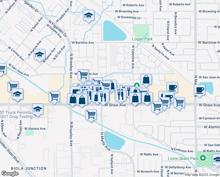 map of restaurants, bars, coffee shops, grocery stores, and more near 5130 North Marty Avenue in Fresno