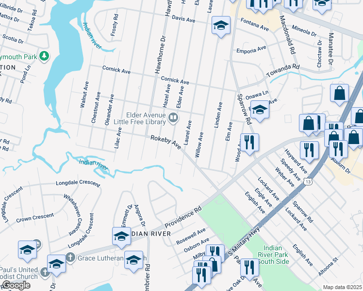 map of restaurants, bars, coffee shops, grocery stores, and more near 1508 Rokeby Avenue in Chesapeake