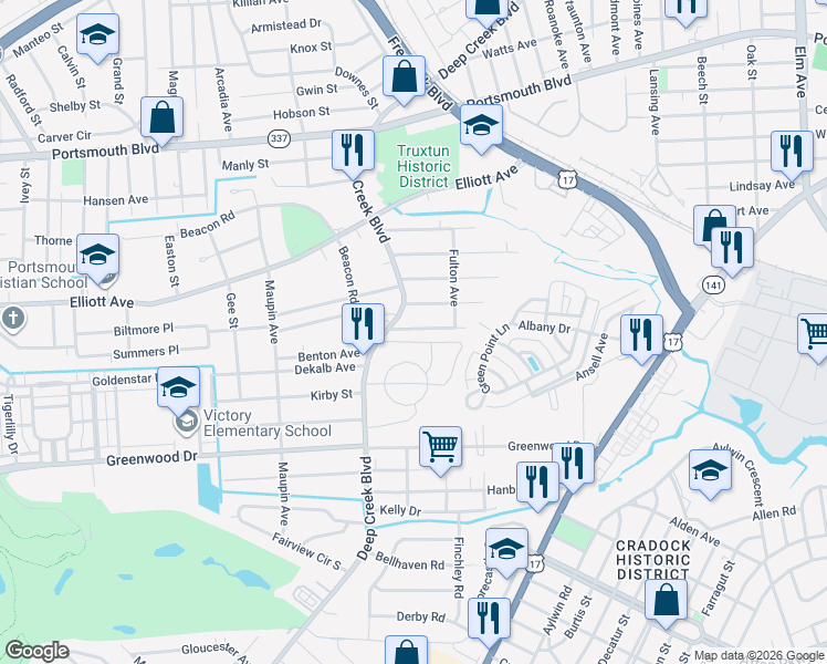 map of restaurants, bars, coffee shops, grocery stores, and more near 104 Wright Avenue in Portsmouth