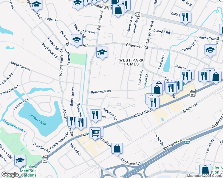 map of restaurants, bars, coffee shops, grocery stores, and more near 606 Brunswick Road in Portsmouth