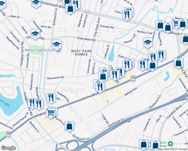 map of restaurants, bars, coffee shops, grocery stores, and more near 737 Brunswick Road in Portsmouth