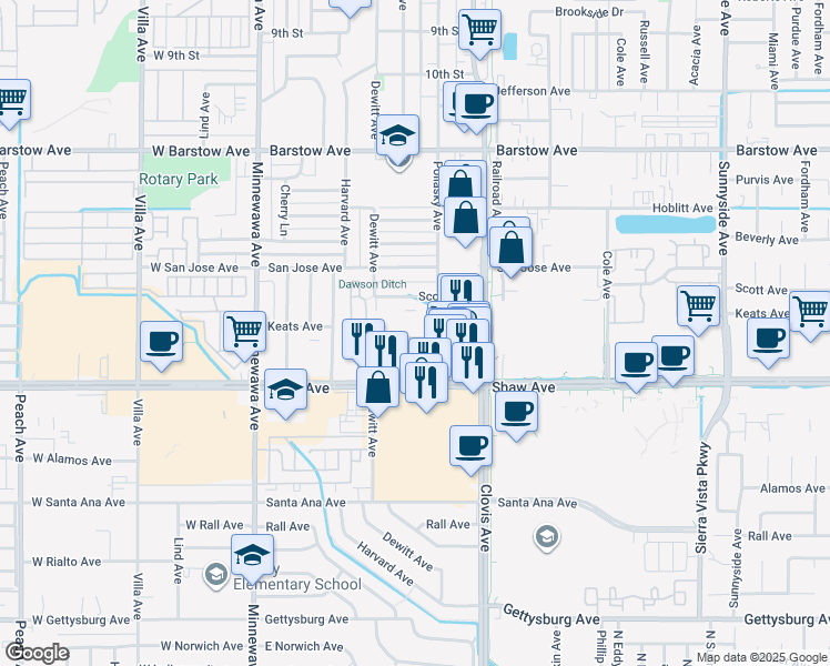 map of restaurants, bars, coffee shops, grocery stores, and more near 519 Keats Avenue in Clovis