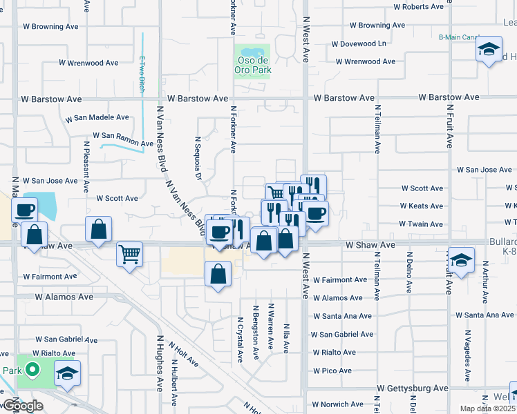 map of restaurants, bars, coffee shops, grocery stores, and more near 5086 North Forkner Avenue in Fresno