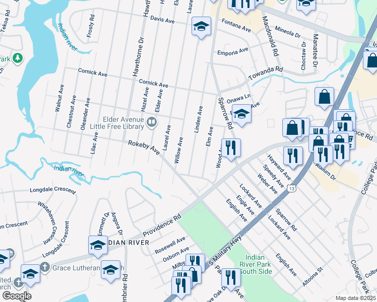 map of restaurants, bars, coffee shops, grocery stores, and more near 1531 Linden Avenue in Chesapeake