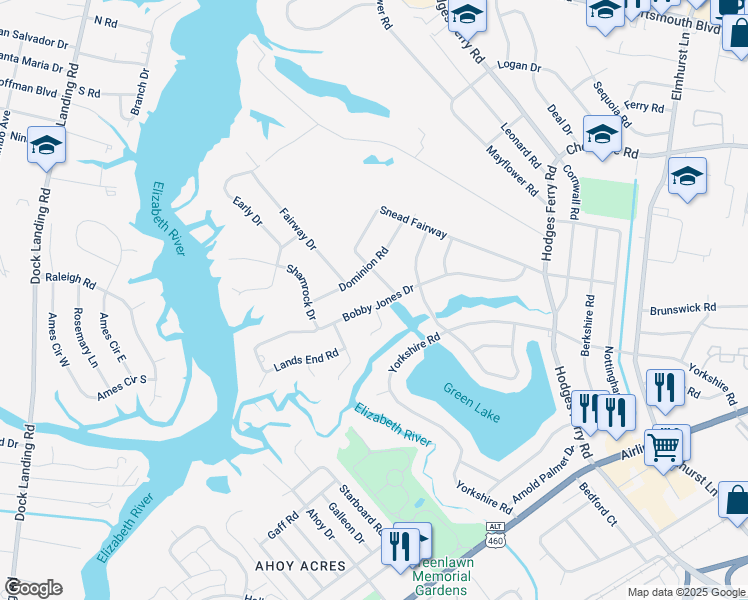 map of restaurants, bars, coffee shops, grocery stores, and more near 206 Bobby Jones Drive in Portsmouth