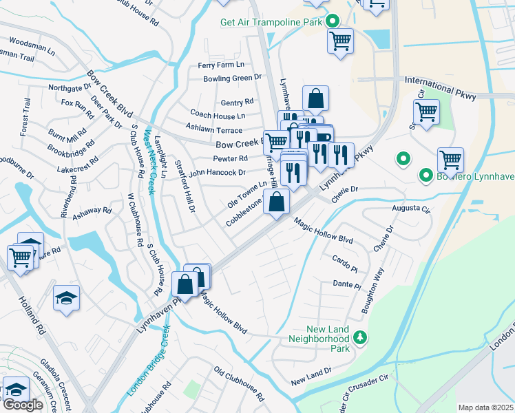 map of restaurants, bars, coffee shops, grocery stores, and more near 3033 Cobblestone Drive in Virginia Beach