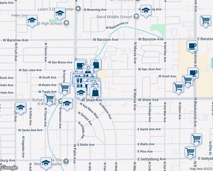 map of restaurants, bars, coffee shops, grocery stores, and more near 5085 North Wishon Avenue in Fresno
