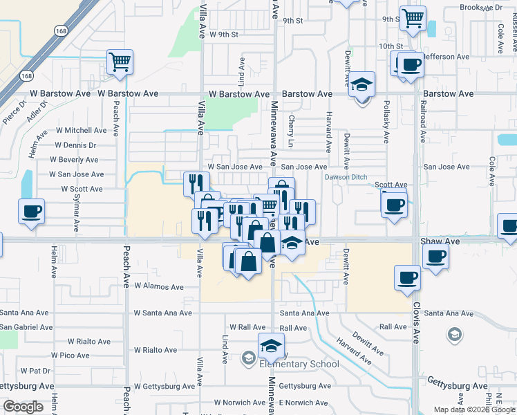 map of restaurants, bars, coffee shops, grocery stores, and more near 1724 Minnewawa Avenue in Clovis