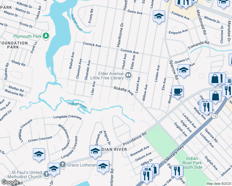 map of restaurants, bars, coffee shops, grocery stores, and more near 1607 Hazel Avenue in Chesapeake