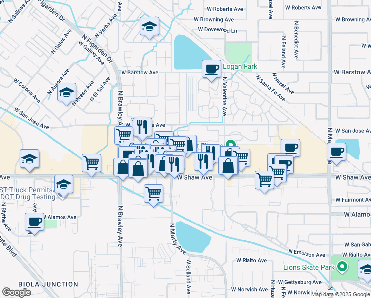 map of restaurants, bars, coffee shops, grocery stores, and more near 5066 North Marty Avenue in Fresno