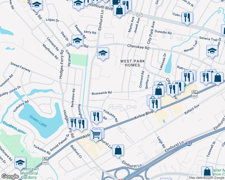 map of restaurants, bars, coffee shops, grocery stores, and more near 606 Brunswick Road in Portsmouth