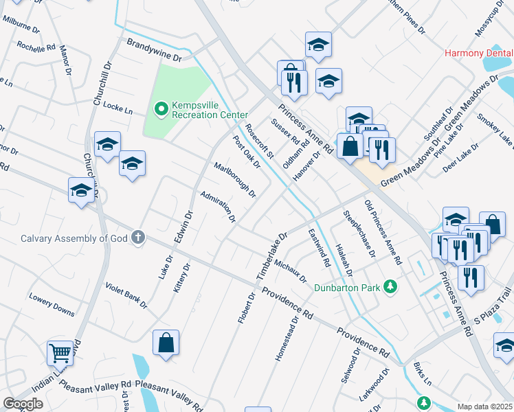 map of restaurants, bars, coffee shops, grocery stores, and more near 916 Amesbury Road in Virginia Beach