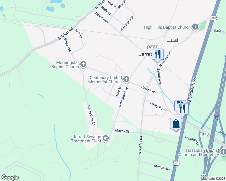 map of restaurants, bars, coffee shops, grocery stores, and more near 313 Susan Street in Jarratt