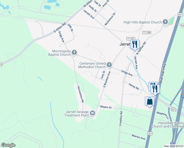 map of restaurants, bars, coffee shops, grocery stores, and more near 203 Saint Francis Street in Jarratt