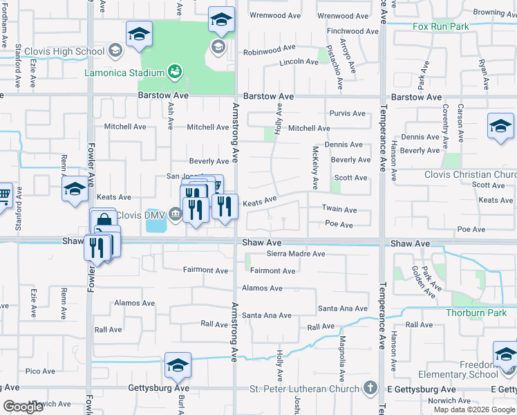 map of restaurants, bars, coffee shops, grocery stores, and more near 2241 Dawson Cove Lane in Clovis