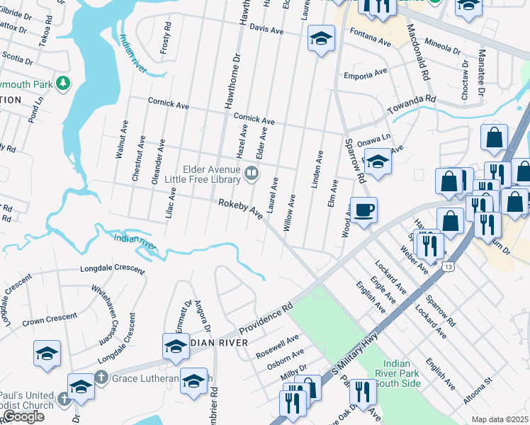map of restaurants, bars, coffee shops, grocery stores, and more near 1508 Rokeby Avenue in Chesapeake