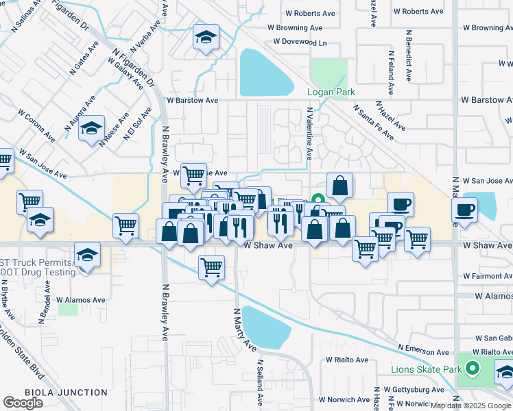 map of restaurants, bars, coffee shops, grocery stores, and more near 5130 North Marty Avenue in Fresno